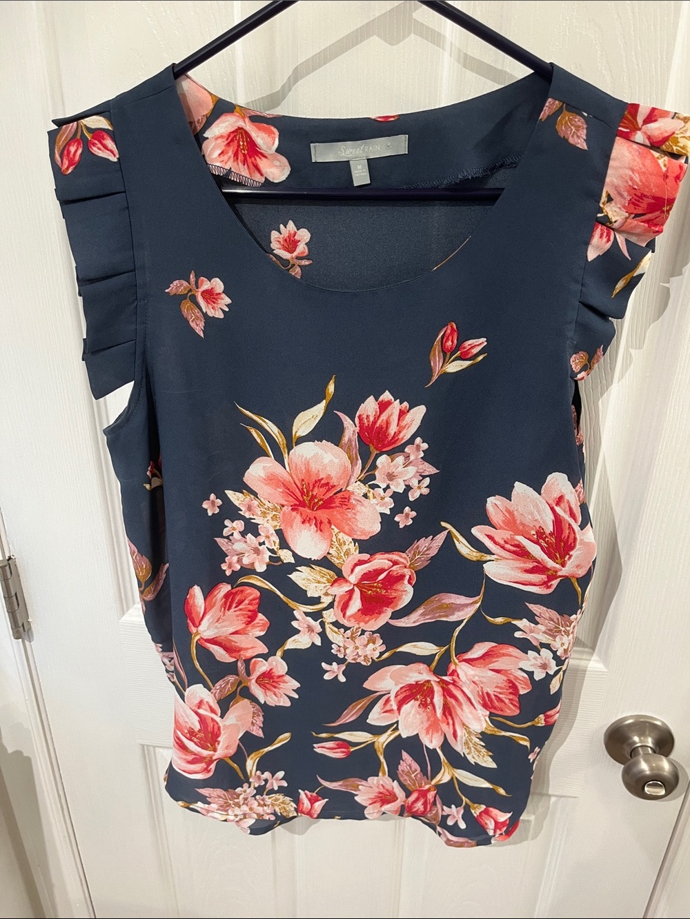 Sweet Rain Navy Floral Sleeveless Blouse with Pink & Coral Flowers